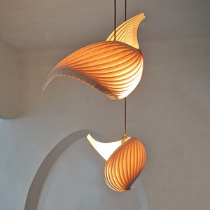 Wood Pendant Light Japandi Style Wooden Veneer Chandelier Lighting Dining Room MCM Sculptural Light Fixture 70s Inspired Lamps Wing image 7