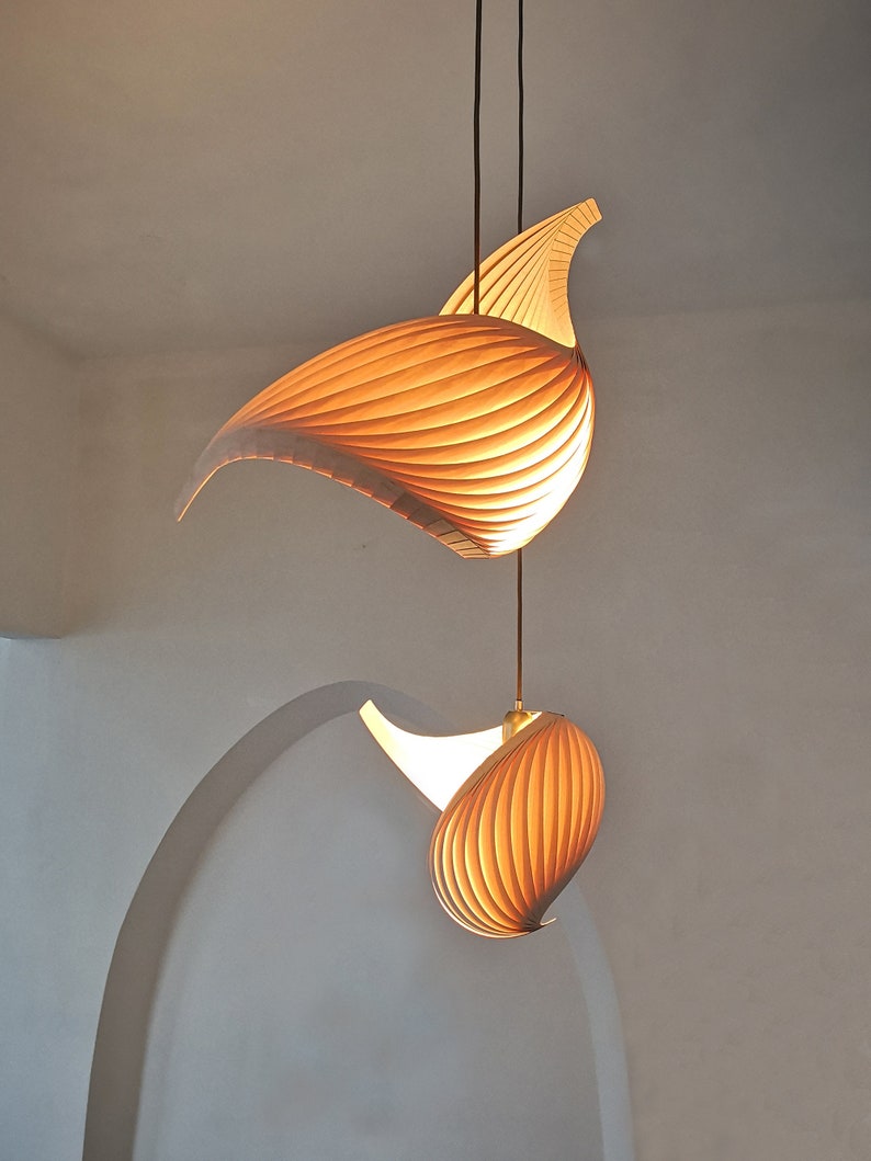 Wood Pendant Light Japandi Style Wooden Veneer Chandelier Lighting Dining Room MCM Sculptural Light Fixture 70s Inspired Lamps Wing image 7