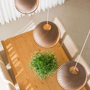K&ouml;nnte beinhalten: Drei braune Holz-Pendelleuchten h&auml;ngen &uuml;ber einem Holz-Esstisch mit einer gr&uuml;nen Pflanze in der Mitte. Die Leuchten haben ein einzigartiges Spiraldesign.
