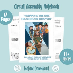 May include: A 17-page Circuit Assembly Notebook for ages 11 and up, featuring a cartoon illustration of biblical figures and the text "Happy is the one trusting in Jehovah" and "2026-2027 Circuit Assembly with Circuit Overseer" in blue.