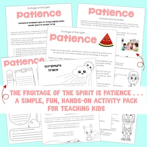 Puede incluir: Un conjunto de hojas de actividades coloridas para enseñar paciencia a los niños. Las hojas presentan la palabra "paciencia" en rosa, ilustraciones y ejercicios interactivos. El paquete está diseñado para el culto familiar.
