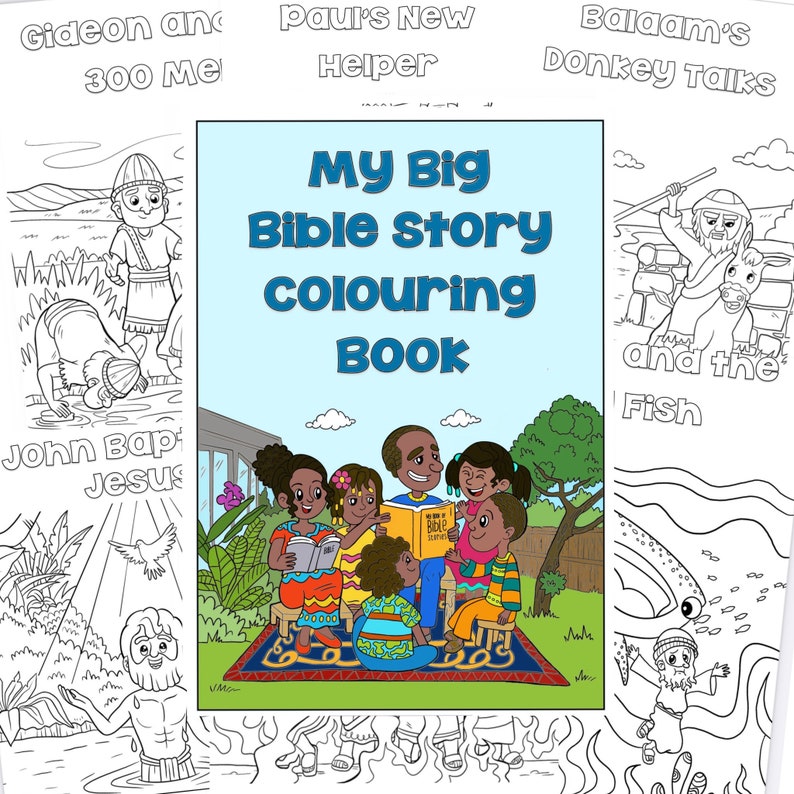 Może przedstawiać: Czarno-biała książka do kolorowania zatytułowana "My Big Bible Story Coloring Book". Okładka przedstawia grupę dzieci siedzących na dywanie, czytających książkę. Książka zawiera ilustracje biblijnych historii, takich jak Gideon i 300 mężczyzn, nowy pomocnik Pawła, Jan Chrzciciel i Jezus, gadający osioł Balaama i ryba.
