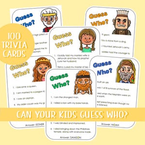 Cartes de jeu-questionnaire sur les personnages de la Bible pour enfants | 100 cartes imprimables | Activité biblique pour le culte en famille, l'école à la maison et un groupe de jeunes