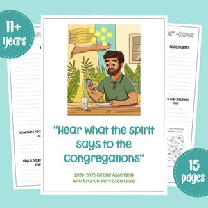 Puede incluir: Un cuaderno de trabajo con el texto "Hear what the spirit says to the congregations" y "2025-2026 Circuit Assembly". La portada presenta una ilustración de un hombre usando un teléfono, con una mano que ofrece orbes brillantes. El cuaderno tiene 15 páginas.