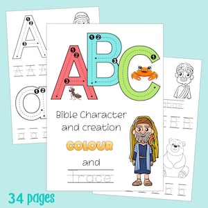 Puede incluir: Una hoja de trabajo imprimible para niños con las letras A, B y C. Cada letra tiene una línea punteada para trazar y una imagen correspondiente: una hormiga, un cangrejo y un pájaro. La hoja de trabajo también incluye el texto "Bible Character and creation", "COLOUR" y "and Trace".