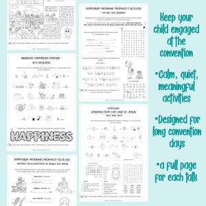 May include: A collection of black and white activity pages for children, featuring mazes, word puzzles, and fill-in-the-blank exercises. The pages are designed to keep children engaged during conventions, with the text "Keep your child engaged at the convention."