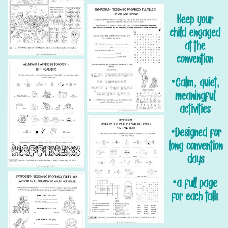 May include: A collection of black and white activity pages for children, featuring mazes, word puzzles, and fill-in-the-blank exercises. The pages are designed to keep children engaged during conventions, with the text "Keep your child engaged at the convention."