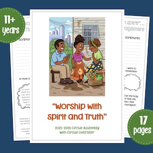 Puede incluir: Ilustración colorida de un cuaderno de asamblea de circuito. La imagen muestra a tres personas conversando, con el texto "Adorar con espíritu y verdad". El cuaderno está diseñado para mayores de 11 años, con 17 páginas.