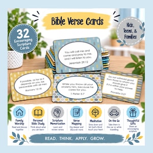 May include: A set of 32 Bible Verse Cards for kids, teens, and families. The cards feature encouraging scripture, including Jeremiah 29:12, Romans 12:18, 1 Peter 5:7, and Proverbs 3:27. The cards have colorful patterns and text reading Read, Think, Apply, Grow.