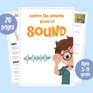 Puede incluir: Portada de libro educativo infantil con el título "Explore the Amazing World of SOUND" en naranja. Presenta a un niño de dibujos animados escuchando ondas sonoras. El libro es para niños de 5 a 11 años y tiene 20 páginas.