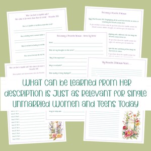 May include: Printable worksheet with a floral design and text that reads "Becoming a Proverbs 31 Woman - Verse by Verse". The worksheet includes questions about the importance and meaning of the verses in the book of Proverbs.