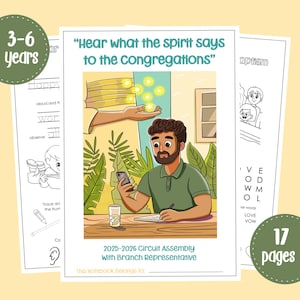 Puede incluir: Un cuaderno de actividades para niños con el texto "Hear what the spirit says to the congregations" y "2025-2026 Circuit Assembly With Branch Representative." La portada presenta una ilustración de un hombre con un teléfono.