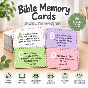 May include: A set of 26 Bible Memory Cards featuring letters A through D on pastel backgrounds with colourful confetti dots. Each card displays a scripture verse and citation. The text reads Bible Memory Cards, Scriptures to encourage young hearts, and 26 Cards A-Z, with icons for family worship, personal study, congregation activities, travel, gifts, and encouragement.