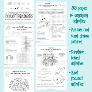 May include: A collection of printable activity pages with the words "Happiness" and "Symposium" on the pages. The pages include puzzles, word searches, and illustrations. Text on the right side of the image says "55 pages of engaging activities".