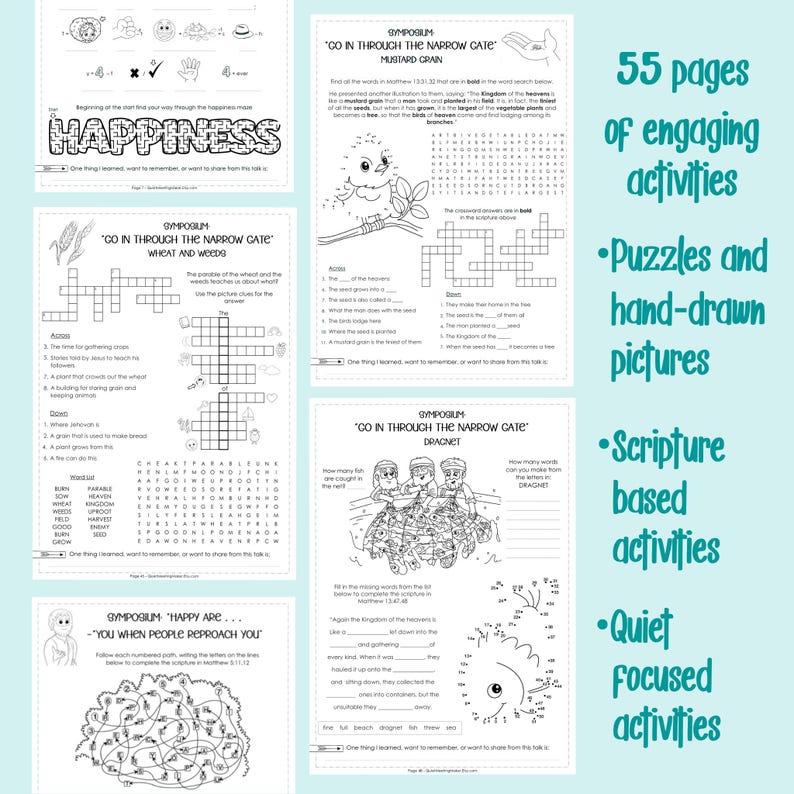 May include: A collection of printable activity pages with the words "Happiness" and "Symposium" on the pages. The pages include puzzles, word searches, and illustrations. Text on the right side of the image says "55 pages of engaging activities".