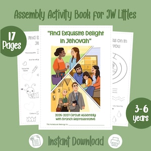 May include: A 17-page activity book for children aged 3-6 years titled Find Exquisite Delight in Jehovah. The cover features a collage of illustrated people and the text 2026-2027 Circuit Assembly With Branch Representative. Includes a blank line for a name.