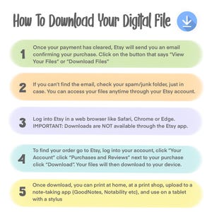 May include: A white graphic with the title "How To Download Your Digital File" and numbered steps. The steps explain how to download a digital file from Etsy, including checking email, using a web browser, and printing.