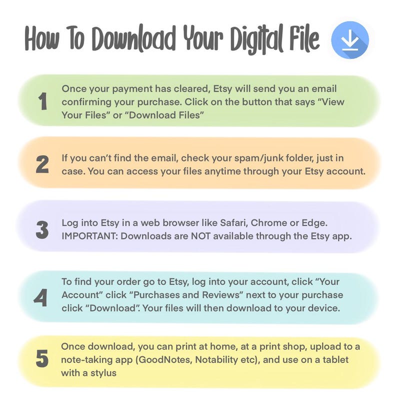 May include: A white graphic with the title "How To Download Your Digital File" and numbered steps. The steps explain how to download a digital file from Etsy, including checking email, using a web browser, and printing.