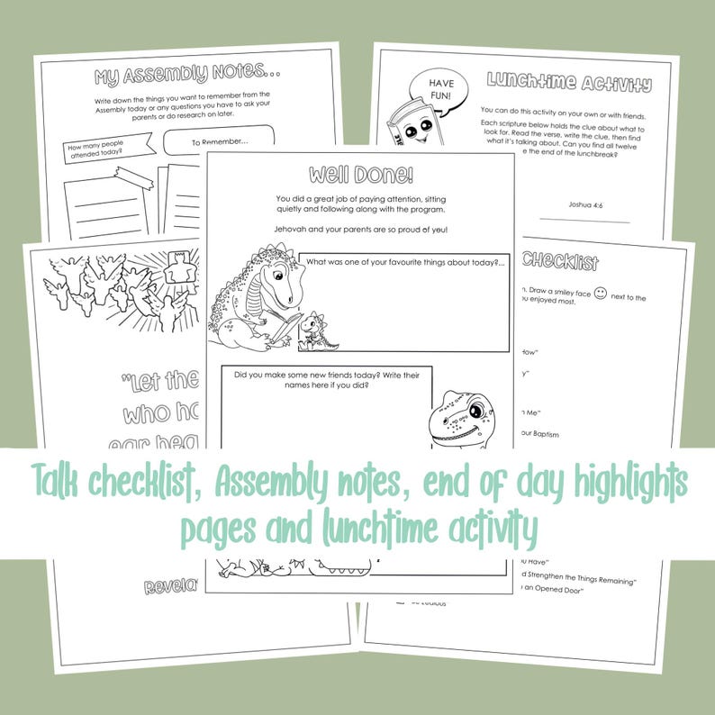 Puede incluir: Un conjunto de p&aacute;ginas de actividades imprimibles sobre un fondo verde claro. Las p&aacute;ginas incluyen t&iacute;tulos como "My Assembly Notes" y "Lunchtime Activity". Hay ilustraciones de dinosaurios y bocadillos de texto. El texto dice "Talk checklist, Assembly notes, end of day highlights pages and lunchtime activity."