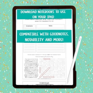 May include: A digital tablet displaying a printable worksheet for a Bible study. The worksheet includes a word search puzzle with the text "That is also why from the day we heard of it, we have never stopped praying for you and asking that you may be filled with the accurate knowledge of his will in all wisdom and spiritual comprehension, so as to walk worthy of Jehovah in order to please him fully as you go on bearing fruit in every good work and increasing in the accurate knowledge of God, and may you be strengthened with all power according to his glorious might so that you may endure fully with patience and joy." The worksheet is compatible with Goodnotes, Notability, and other note-taking apps.