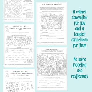 May include: A collection of black and white activity pages with puzzles and fill-in-the-blank exercises. The pages feature text and illustrations, including the phrases "CO IN THROUGH THE NARROW GATE" and "PUBLIC BIBLE DISCOURSE". The text "A calmer convention for you and a happier experience for them" is also visible.