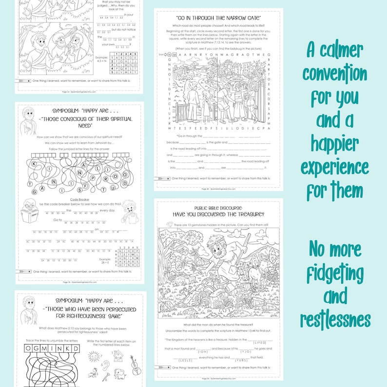 May include: A collection of black and white activity pages with puzzles and fill-in-the-blank exercises. The pages feature text and illustrations, including the phrases "CO IN THROUGH THE NARROW GATE" and "PUBLIC BIBLE DISCOURSE". The text "A calmer convention for you and a happier experience for them" is also visible.