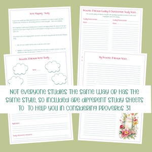 May include: Printable worksheets for studying Proverbs 31. The worksheets include a verse mapping study, a quality and characteristic study, and a notes page. The worksheets are designed to help people study the Bible in different ways.