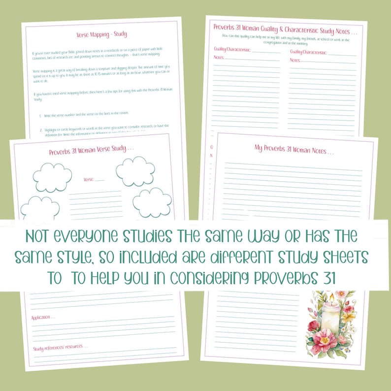 May include: Printable worksheets for studying Proverbs 31. The worksheets include a verse mapping study, a quality and characteristic study, and a notes page. The worksheets are designed to help people study the Bible in different ways.