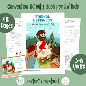 Puede incluir: Un libro de actividades para niños titulado "Convention Activity Book for JW Kids". La portada presenta una ilustración de un hombre con túnica blanca enseñando a niños. El libro incluye 48 páginas de actividades para niños de 3 a 6 años.