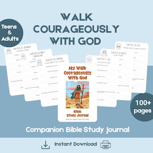 May include: A Bible study journal titled My Walk Courageously With God, featuring a central cover with a cartoon illustration of a person walking in a desert. The journal includes over 100 pages of lined worksheets with chapter headings like Samson, Jael, and Moses.