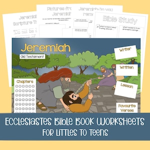 Op de afbeelding: Een set bijbelstudiewerkbladen met een kleurrijke illustratie van figuren die een touw uit een put trekken, met tekst waaronder Jeremiah, Old Testament, Chapters, Writer, Written, Lesson, Favourite Verses en Ecclesiastes Bible Book Worksheets For Littles To Teens.