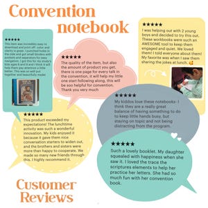 May include: A colorful image featuring a "Convention notebook" with customer reviews. The reviews are in speech bubbles with star ratings. One review mentions a workbook for kids. The notebook is designed to help kids stay engaged and focused.