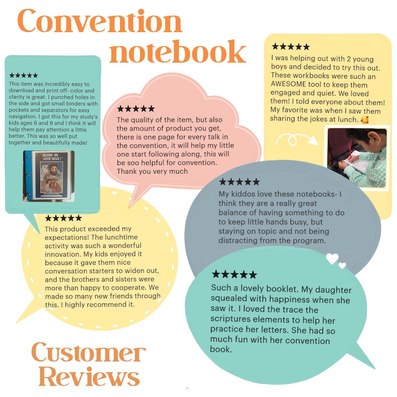 May include: A colorful image featuring a "Convention notebook" with customer reviews. The reviews are in speech bubbles with star ratings. One review mentions a workbook for kids. The notebook is designed to help kids stay engaged and focused.