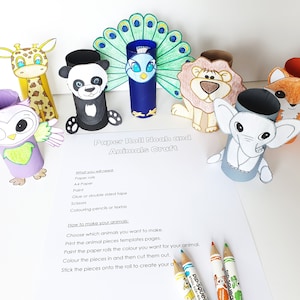 May include: A craft project for making paper roll animals. The instructions include a list of materials needed and steps for creating the animals. The image shows a variety of animals, including a giraffe, panda, peacock, lion, elephant, owl, and fox, all made from paper rolls and colored with crayons.