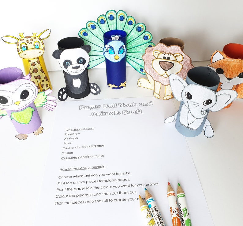 May include: A craft project for making paper roll animals. The instructions include a list of materials needed and steps for creating the animals. The image shows a variety of animals, including a giraffe, panda, peacock, lion, elephant, owl, and fox, all made from paper rolls and colored with crayons.