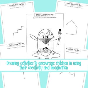 May include: Black and white printable worksheet with a penguin holding a bowl and a fork. The worksheet has the text "Think Outside The Box" and instructions to complete the picture. The worksheet is part of a set of drawing activities to encourage children in using their creativity and imagination.