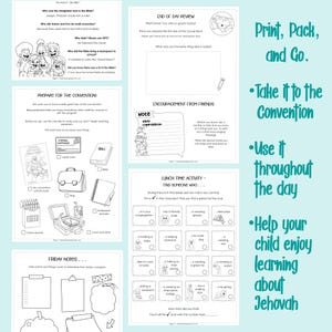 May include: A printable activity pack with various pages for a convention. Includes a review page, encouragement notes, and a lunch activity. The text says "Print, Pack, and Go" and "Help your child enjoy learning about Jehovah."
