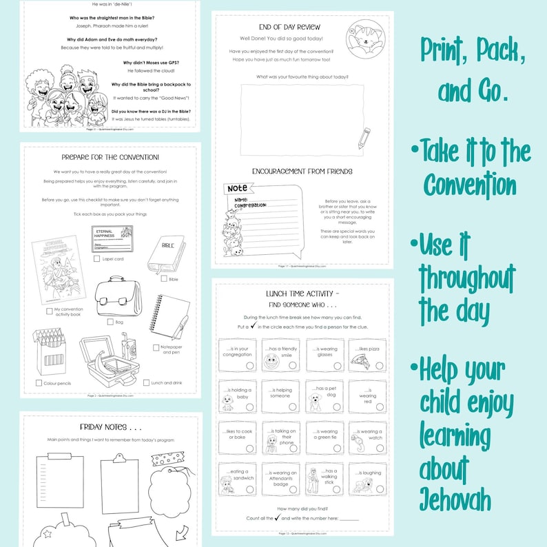 May include: A printable activity pack with various pages for a convention. Includes a review page, encouragement notes, and a lunch activity. The text says "Print, Pack, and Go" and "Help your child enjoy learning about Jehovah."