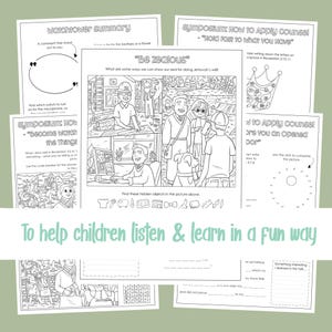 Puede incluir: P&aacute;ginas de actividades en blanco y negro para ni&ntilde;os con texto e ilustraciones. Las p&aacute;ginas incluyen un resumen, una b&uacute;squeda de palabras, punto a punto y otras actividades. El texto dice: "Para ayudar a los ni&ntilde;os a escuchar y aprender de forma divertida."
