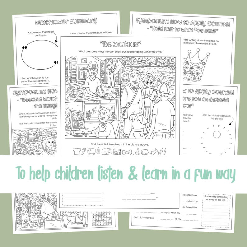 Puede incluir: P&aacute;ginas de actividades en blanco y negro para ni&ntilde;os con texto e ilustraciones. Las p&aacute;ginas incluyen un resumen, una b&uacute;squeda de palabras, punto a punto y otras actividades. El texto dice: "Para ayudar a los ni&ntilde;os a escuchar y aprender de forma divertida."