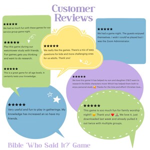 Puede incluir: Comentarios de clientes para un juego de trivia b&iacute;blica llamado "&iquest;Qui&eacute;n lo dijo?" con calificaciones de cinco estrellas y comentarios positivos. El juego se describe como divertido para todas las edades, ideal para reuniones y &uacute;til para el estudio personal.