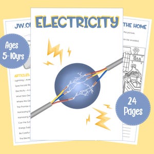 Op de afbeelding: Een educatief kinderboek getiteld "Elektriciteit", met een blauw en geel ontwerp. De omslag toont een blauwe bol met bliksemschichten en een doorgesneden elektriciteitskabel. Voor kinderen van 5-10 jaar, met 24 pagina's.