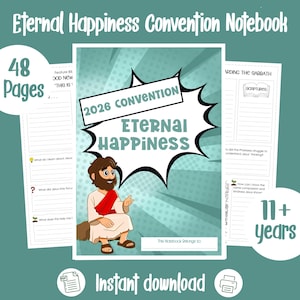 以下が含まれることがあります： 「Eternal Happiness Convention Notebook」と「2026 Convention Eternal Happiness」の文字が入ったノート。表紙には赤いローブを着た男性のイラストが描かれています。ノートは48ページで、11歳以上向けです。