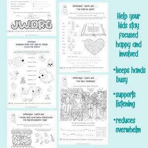 May include: A collection of black and white activity sheets for children, featuring mazes, puzzles, and illustrations. The sheets include the text "JW.ORG" and various symposium titles. Text on the right side says "Help your kids stay focused happy and involved".