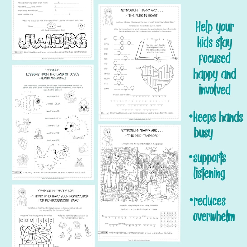 May include: A collection of black and white activity sheets for children, featuring mazes, puzzles, and illustrations. The sheets include the text "JW.ORG" and various symposium titles. Text on the right side says "Help your kids stay focused happy and involved".