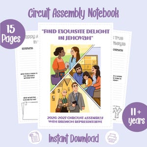 Può includere: Un quaderno per l'assemblea di circoscrizione di 15 pagine per ragazzi dagli 11 anni in su. La copertina riporta il testo "Find Exquisite Delight in Jehovah" e "2026-2027 Circuit Assembly with Branch Representative" con illustrazioni di persone.