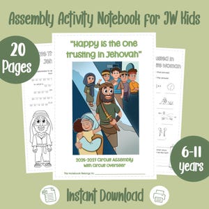 May include: An assembly activity notebook for JW kids featuring 20 pages for ages 6-11. The cover displays the text Happy Is the One trusting in Jehovah, 2026-2027 Circuit Assembly with Circuit Overseer, and an illustration of biblical figures.