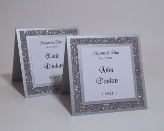 Silver Glitter Tented Place Cards, Escort Cards, Seating cards, Name Cards, 3"x3" Wedding Sweet 16 Quinceanera Dinner Party, Square