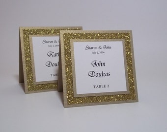 Gold  Glitter  Place cards, Escort Cards, Seating cards, Name Cards, 3"x3" size Wedding Dinner Party Gold and ivory Square Tented