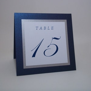 Shimmer Navy Blue, Silver and White Tent Wedding Table Number Cards - 5x5 size